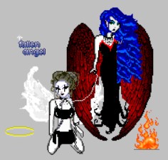 A demon with long blue hair and large red wings 