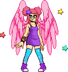a pink haired doll with pink wings, a tight purple dress, and blue thigh high socks