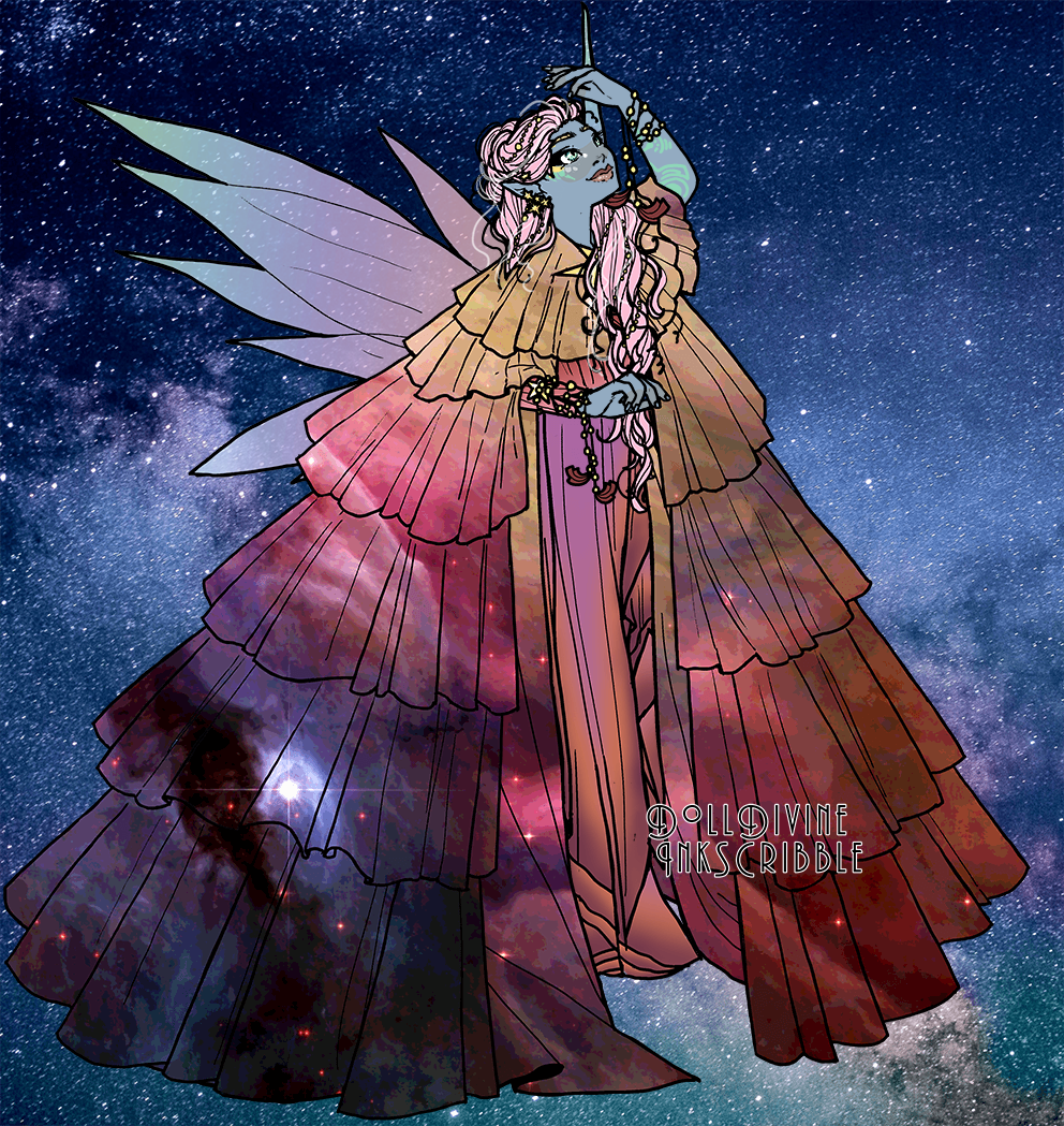 Elf-like fantasie femme with wings, pink long hair, and extravagant layers of robes and dresses with a backdrop of outer space