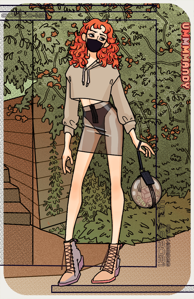 femme slutty pruff wearing a mask and a see through skirt with a transparent orb as a purse with a sidewalk backdrop