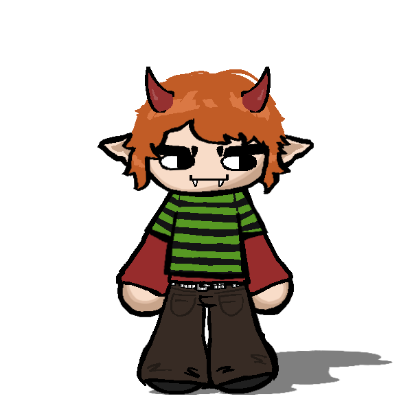 a redhead devil with fangs and a mischevious expression wearing emo clothes: a green striped shirt over a red longsleeve shirt, a studded belt, black baggy pants, and black shoes.