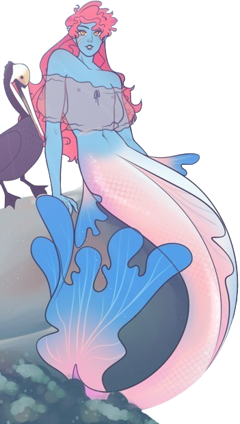Hot trans mermaid with lonk pink hair, a flat chest, a translucent flowy blouse, and a blue and pink body/tail. They are sitting with a pelican on a rock by the sea.