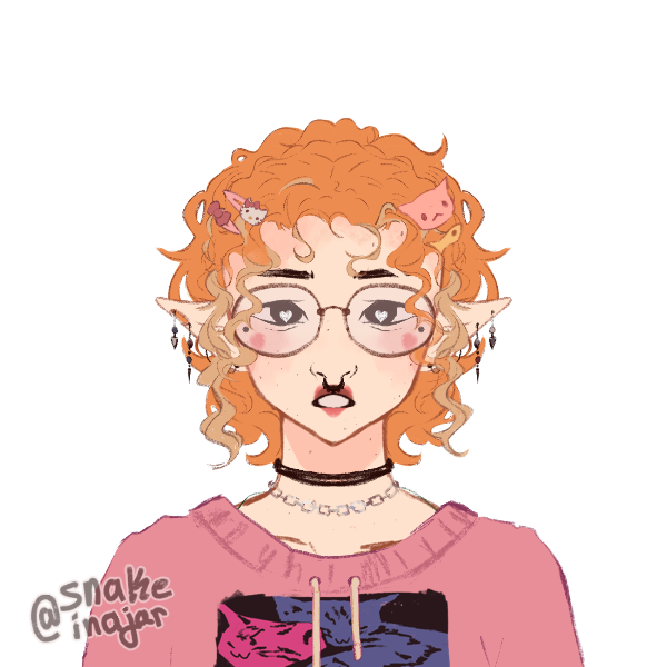 curly redhead wearing pink kitty hair clips and a pink cat hoodie, with black chokers, ear and septum peircings, and glasses