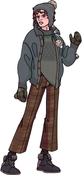 doll of Pruff in winter green and brown winter clothes, brown plaid pants