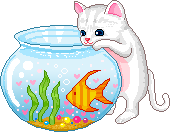 A white kitten peering into a fishbowl with a clownfish swimming inside