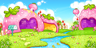 a neighborhood with strawberry cottages and a creek running through the center