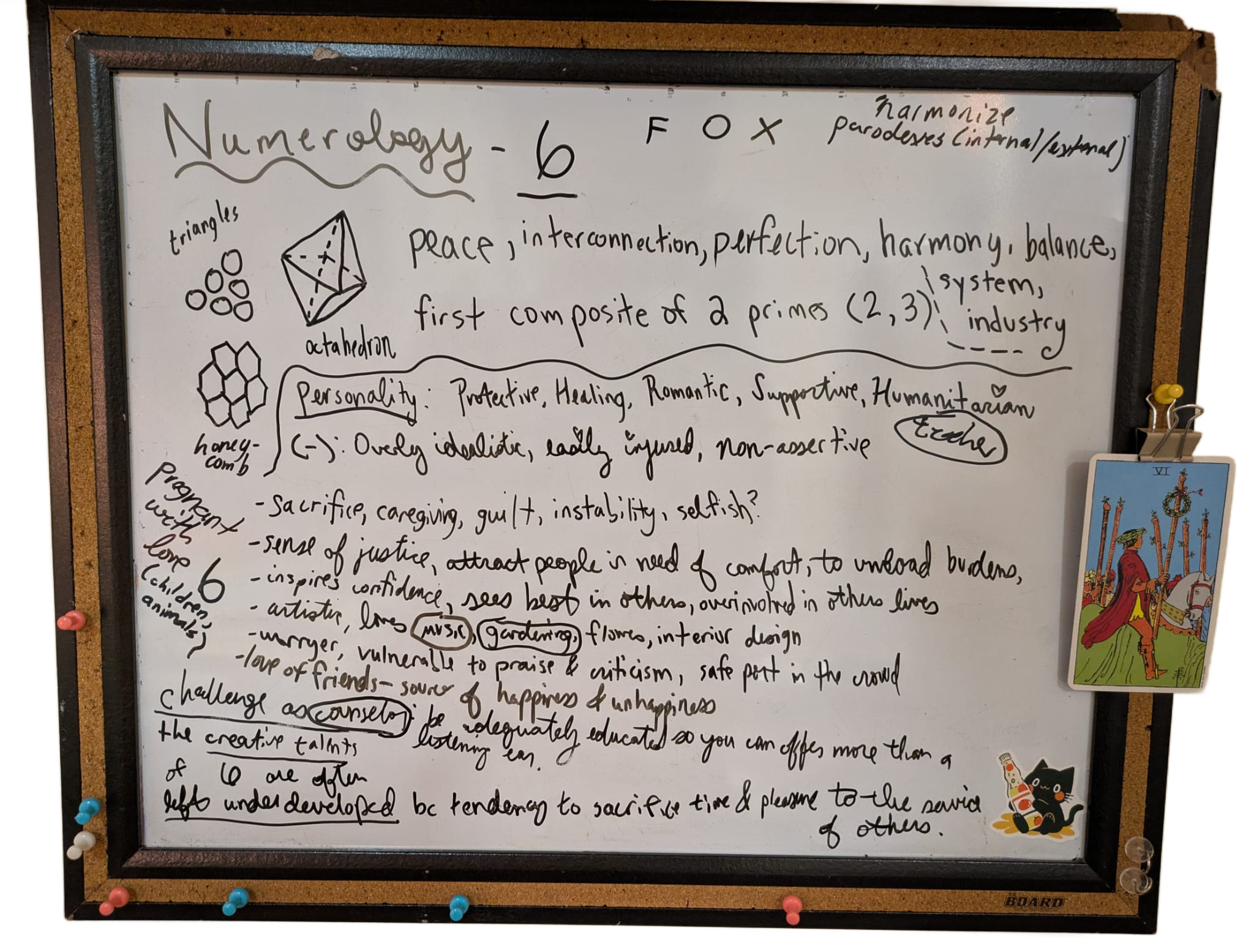 A dry-erase board filled with messily written info about the numerology of 6